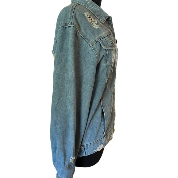 Womens Wash Distressed Ripped Destroyed Denim Jean Jacket Frayed Large 2 - Picture 7 of 13